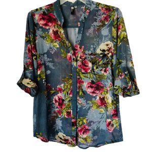 Kut from the Kloth Semi-Sheer Floral Shirt Roll Up Sleeve - Blue/Multi - S